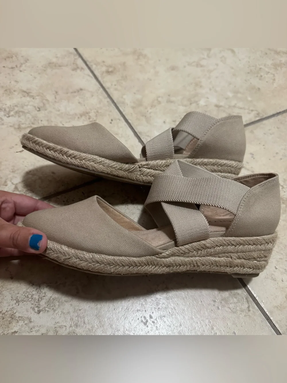 Life Stride Taupe Espadrille Wedge Sandals with Crisscross Elastic Straps